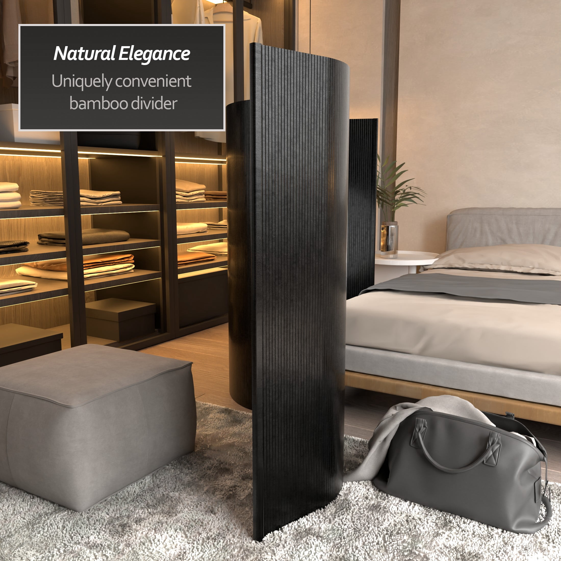 4 ft. Short Bamboo Wave Black Room Divider with Roll-Up Design