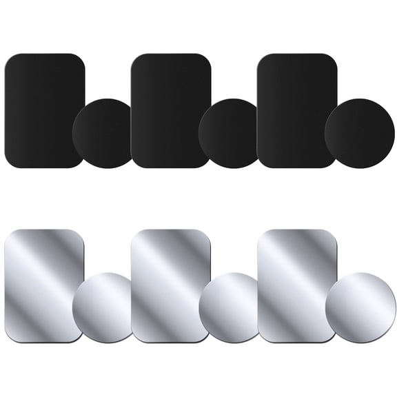 12 Pack Metal Plates for Magnetic Phone Mount, 6 Rectangle   6 Round Adhesive Metal Plates, Ultra Thin Iron Discs Compatible with Magnetic Car Phone Holders, Black & Silver