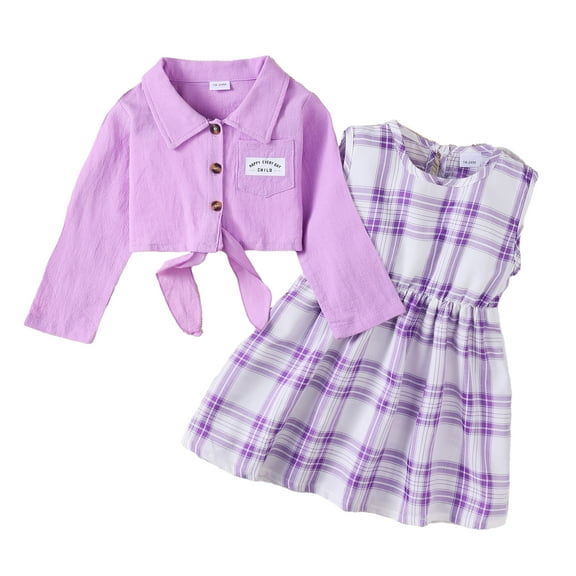 KIMI BEAR Toddler Girls Dress Sets Fall 2-3T Girls Clothing Sets Sleeveless Plaid Dress Lapel Long Sleeves Shirt Top 2pcs Outfits Pink