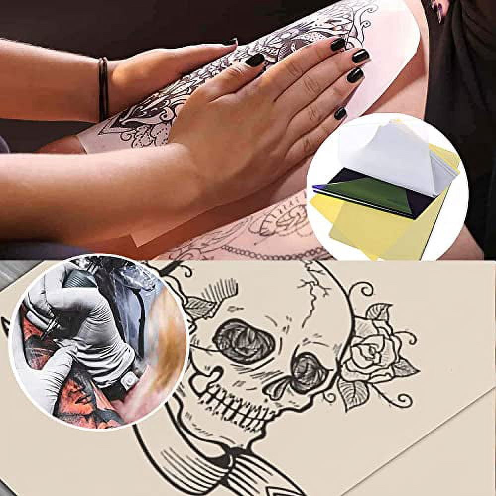 Tattoo practice skin and transfer paper, 45 pieces of tattoo fake skin and tattoo tracing paper kit including 15 pieces of double-sided skin and 30 pieces of tattoo template paper