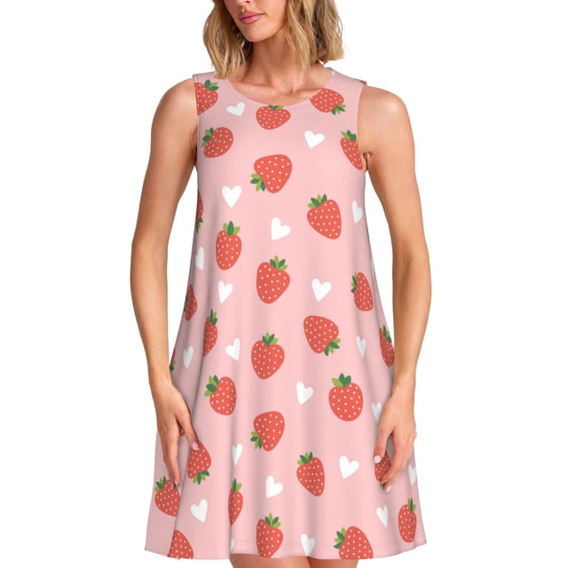 Vsdgher Robes d'Été Imprimé Fraise pour Femmes Robe de Plage Décontractée Col en U Sans Manches Robe d'Été Ample avec Poche