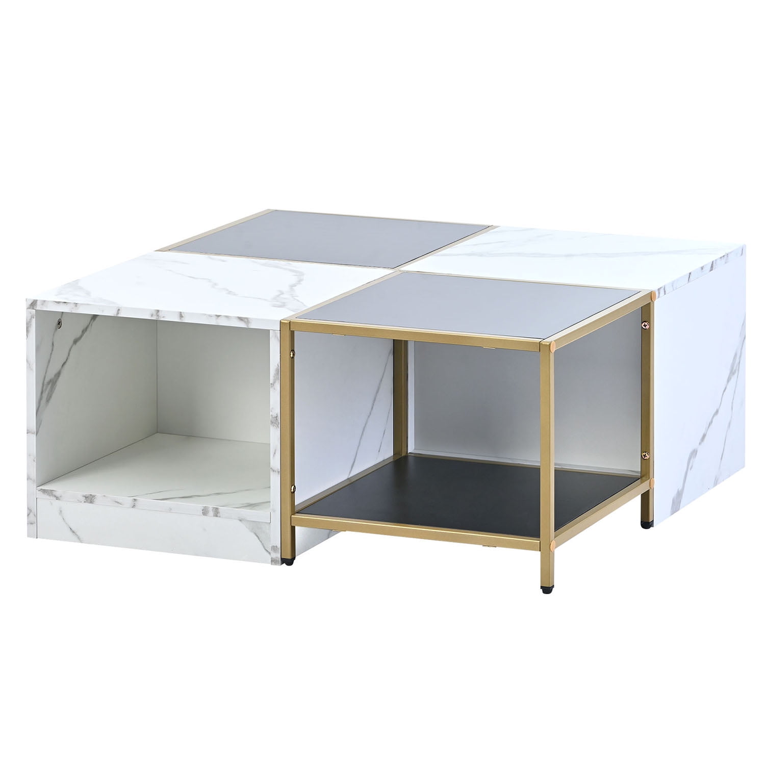 Kadyn Modern Coffee Table, Particle Board Tea Table with Metal Frame, Simply Assemble Square Corner Tables with High Gloss White Marble Finish, White+Black