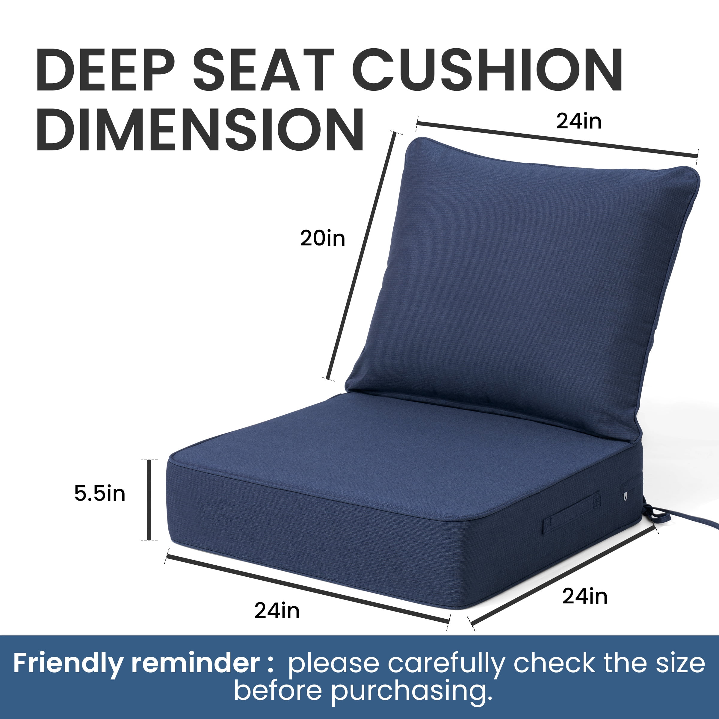 Crestlive 5.5" Outdoor Cushion for Patio Furniture Set of 2, 24 x 24, Waterproof and Fade-Resistant Deep Seat Cushions for Chair, Wicker Sofa and Couch, Navy Blue