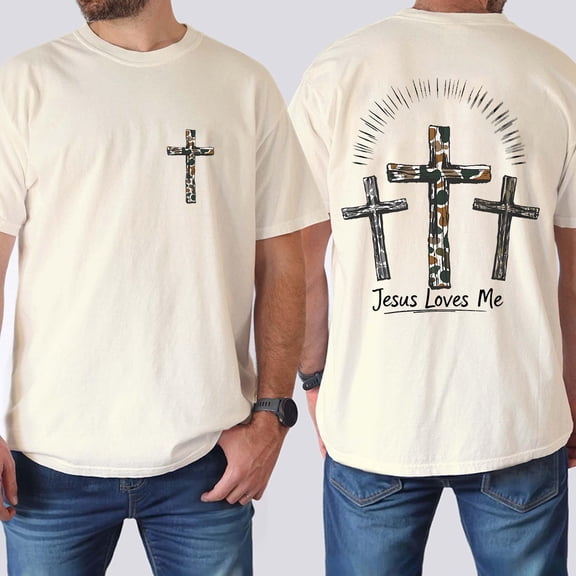 Jesus Loves Me Camo Cross Double Sided T-Shirt – Religious Hunting Camo Graphic Tee, Jesus Cross Faith Shirt for Men & Women