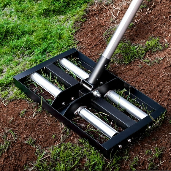 Suchtale Lawn Leveling Rake with Aluminum Rollers, 17"x10" Levelawn Tool, Heavy-Duty Stainless Steel Lawn Leveler with 61" Adjustable Long Handle, Lawn Leveler for Smooth Soil,Garden,Golf Course,Farm