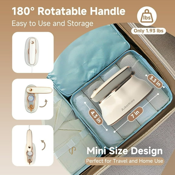 Travel Steamer for Clothes, 1200W Portable Handheld Mini Garment Steamers, 2 in 1 Steamer & Iron, Large Ceramic Heat Panel, 200ml Water Tank, 20s Heat Up, Beige