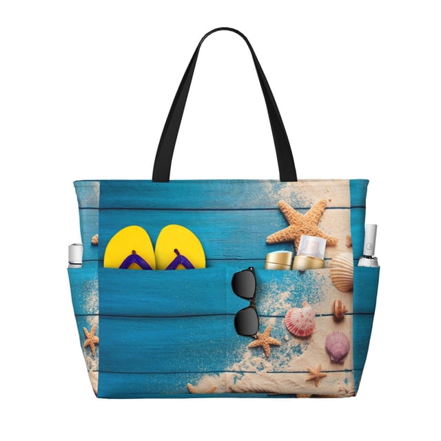 Kdxio Shells and Starfish Pattern Large Capacity Beach Travel Bag with Zipper Multiple Pockets Foldable Waterproof Tote for Pool Gym Camping Travel