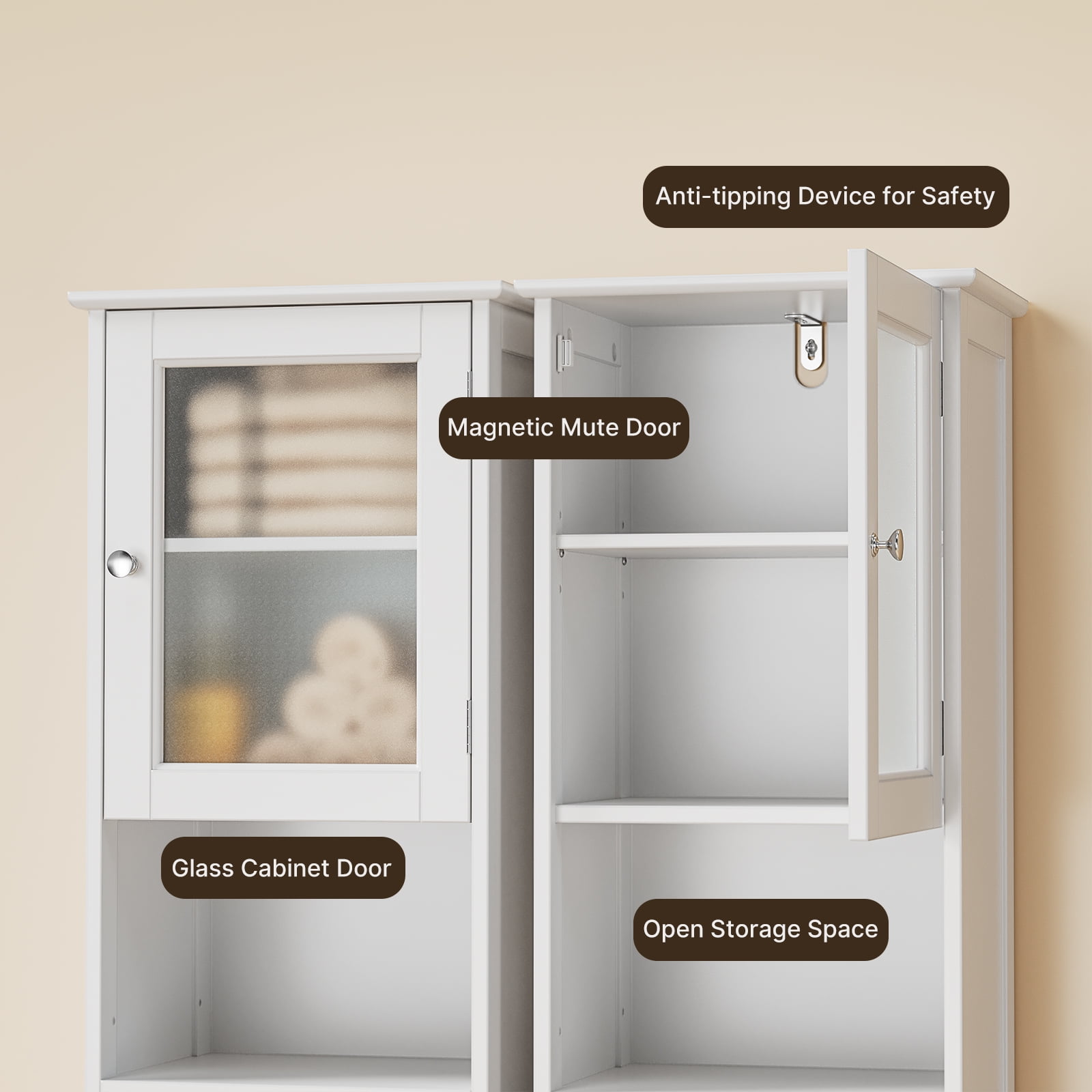 Lofka 67.1"H Wooden Bathroom Storage Cabinet with Transparent Glass Door and Adjustable Shelves for Living Room, White