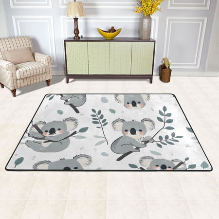 Koalas Leaves Gray Area Rug Washable 72 x 48 Floor Carpet Mat Non Slip for Bedroom Living Room Kids Room Home Decor