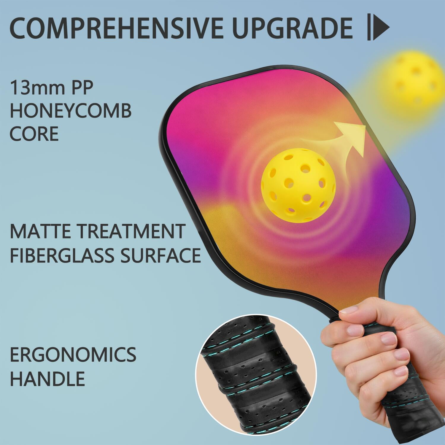 Pickleball Paddles Set Of 1, Fiberglass Surface, Neon Fluid Print, 1 Paddle, 2 Balls & Bag