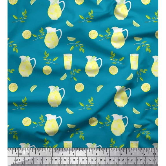 Soimoi Blue Cotton Jersey Fabric Lemon Slice & Lime Juice Fruits Printed Fabric 1 Yard 58 Inch Wide