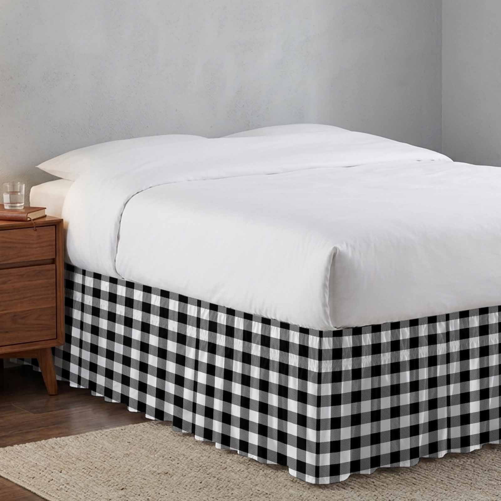 Bed Skirt Black Check Plaid Adjustable Elastic Wrap-Around Dust Ruffle with Black White Farmhouse Style 16 Inch Drop, Bed Frame Cover for Queen Size Bed