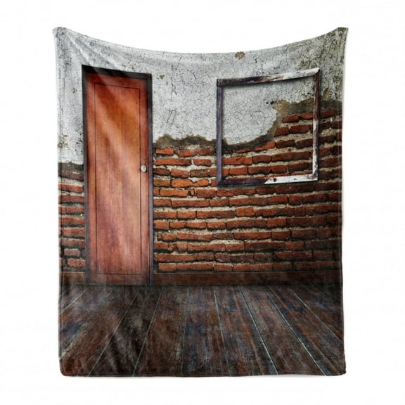 Antique Soft Flannel Fleece Blanket, Picture Frame on Damaged Brick Wall Aged Old Room Rustic Wooden Floor, Cozy Plush for Indoor and Outdoor Use, 50" x 70", Dark Orange Brown White, by Ambesonne