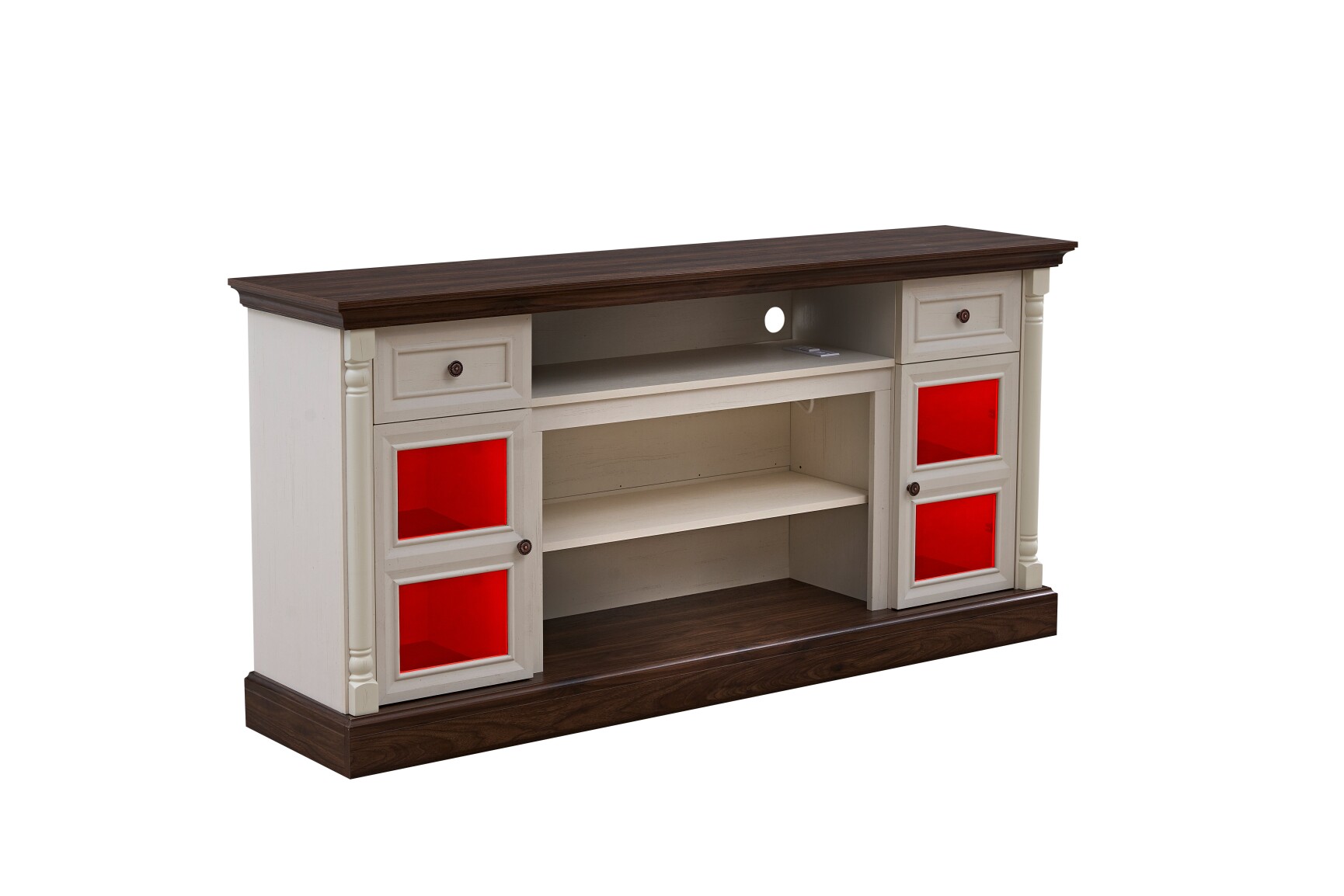 Farmhouse Fireplace TV Stand with Roman Column Design for Up to 80 Inch TVs, 70 Inch Modern Entertainment Center with Adjustable LED Lighting and Ample Storage for Living Room