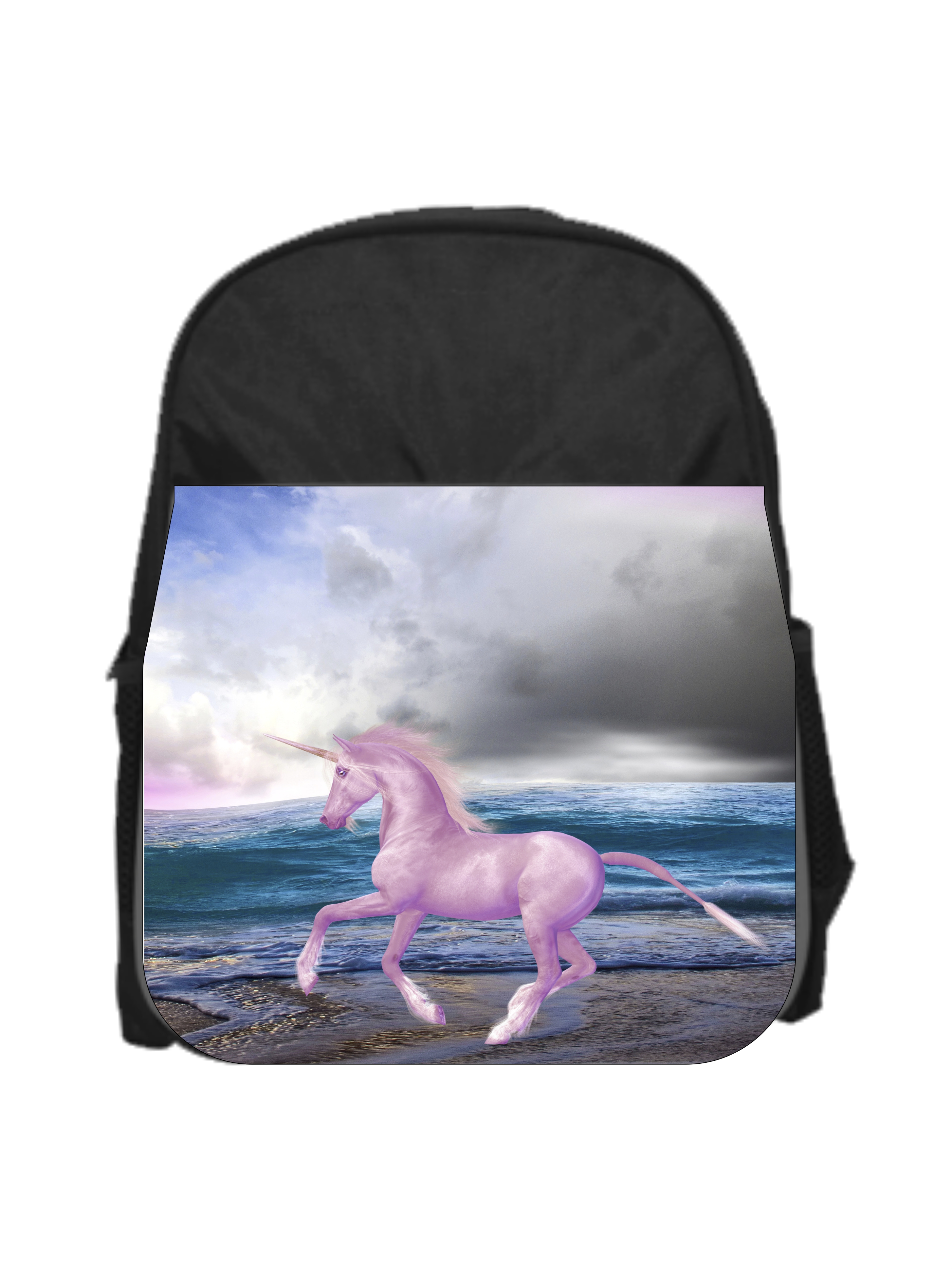 Pink Unicorn on the Beach - 13" x 10" Black Preschool Toddler Children's Backpack - image 1 of 2