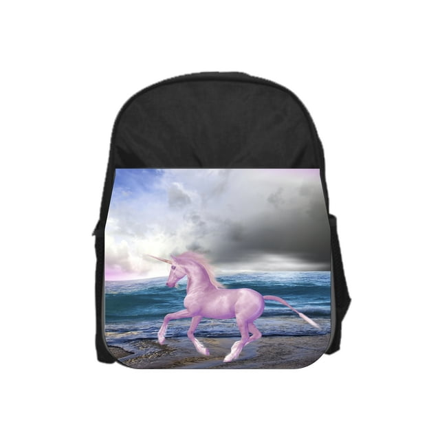 Pink Unicorn on the Beach - 13" x 10" Black Preschool Toddler Children's Backpack