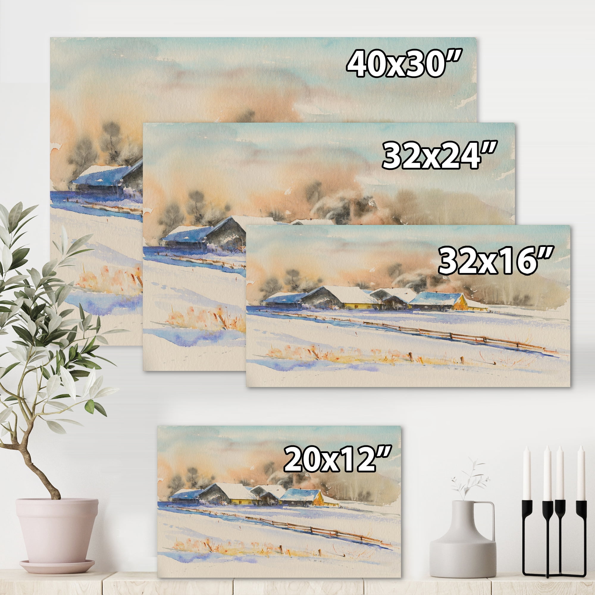 Designart ' Small VIllage At Evening Covered With Snow ' Traditional Canvas Wall Art Print