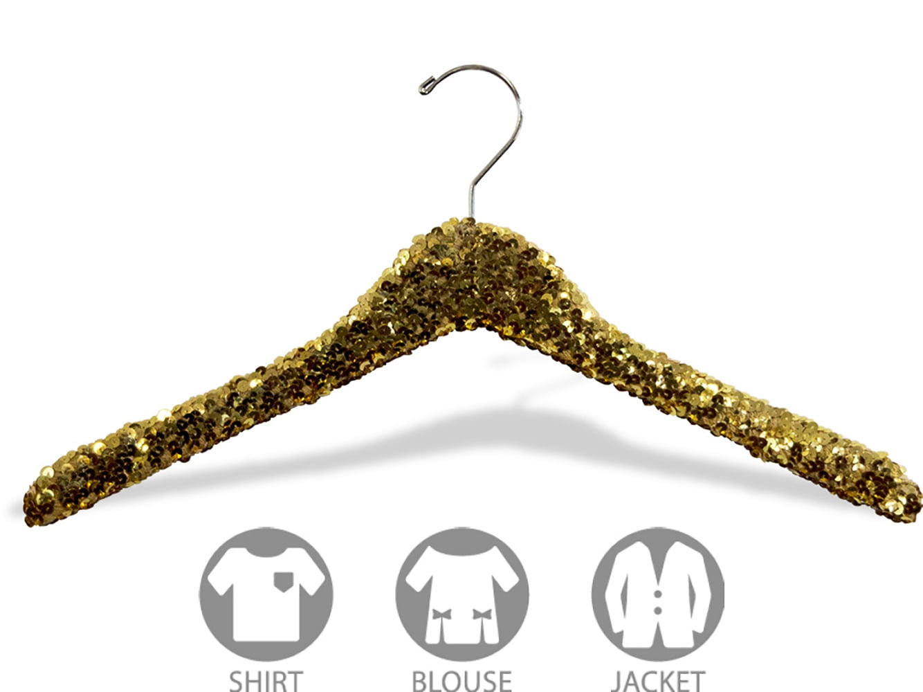 International Hanger Curved Gold Sequined Solid Wood Top Hanger, 360-Degree Swivel Hook, Decorative Sequin Covered Wooden Hanger for Shirts, Jackets, Dresses, Bridal - 6 Pack