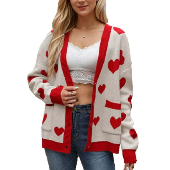 Valentine's Day Cardigans for Women Cute Heart Printed V-Neck Button Down Cardigan Sweaters with Pockets Shermie