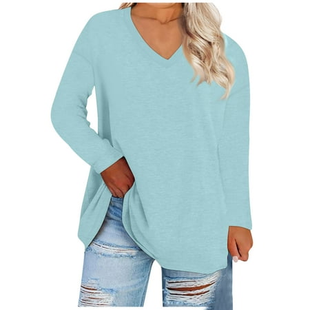 

RPVATI Dressy Tops for Women for Evening Party Solid Color Plus Size T Shirt Beach Long Sleeve Clothes Maternity Fall V Neck Tees Business Casual Tunic Ladies Outfits Shirts Cyan 3XL