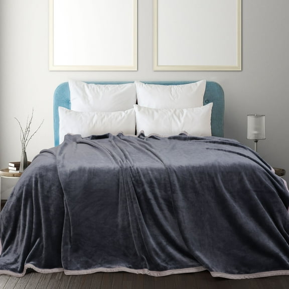 PiccoCasa Flannel Fleece Blanket Soft Warm Wide Hemmed Gray Queen