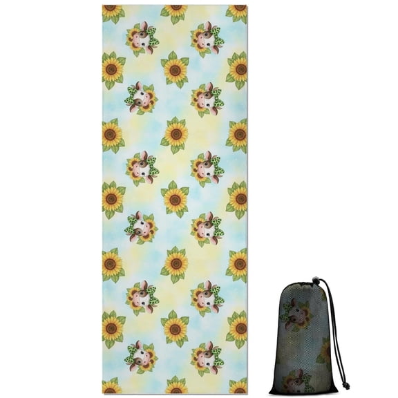 Blue Highland Cow Sunflower Pattern Hot Yoga Mat Towel Non Slip for Hot Yoga - Quick-Drying Yoga Mat Cover with 4 Corner Pockets with Travel Bag - Hot Yoga Towel Non Slip 70"x26"