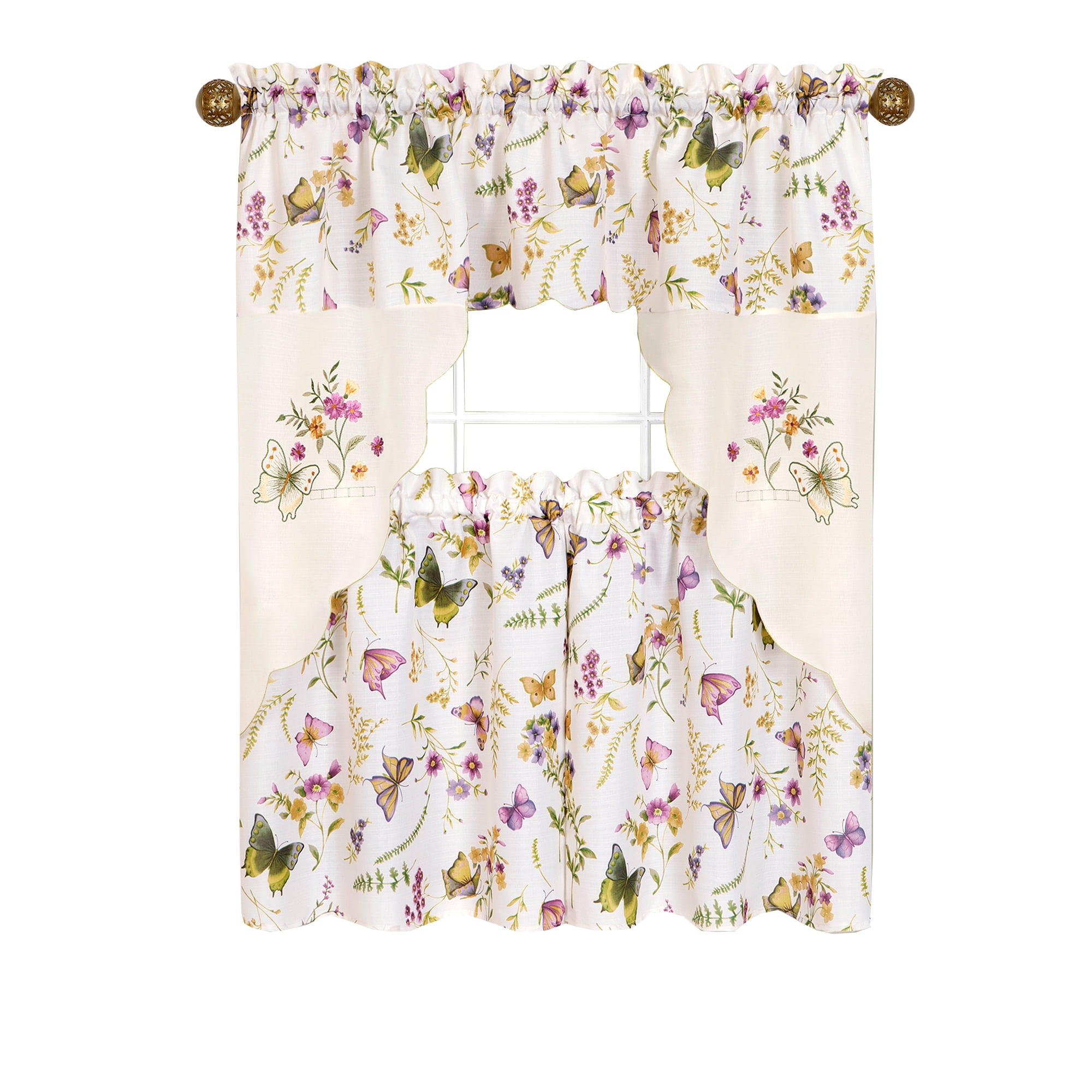 3 pc Kitchen Curtains Set BUTTERFLIES & FLOWERS 2 Tiers:29"x36" & Swag 58"x36" 