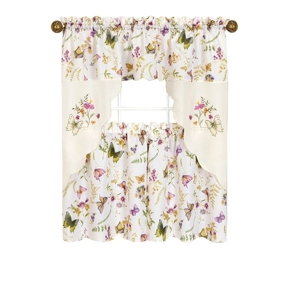 PowerSellerUSA Floral Butterflies Tier Panels and Swag Curtains, 3-Piece Window Curtains & Valance, For Kitchen or Living Room, Cafe Curtains for Small Windows, Floral Butterflies, 58" W x 24" L