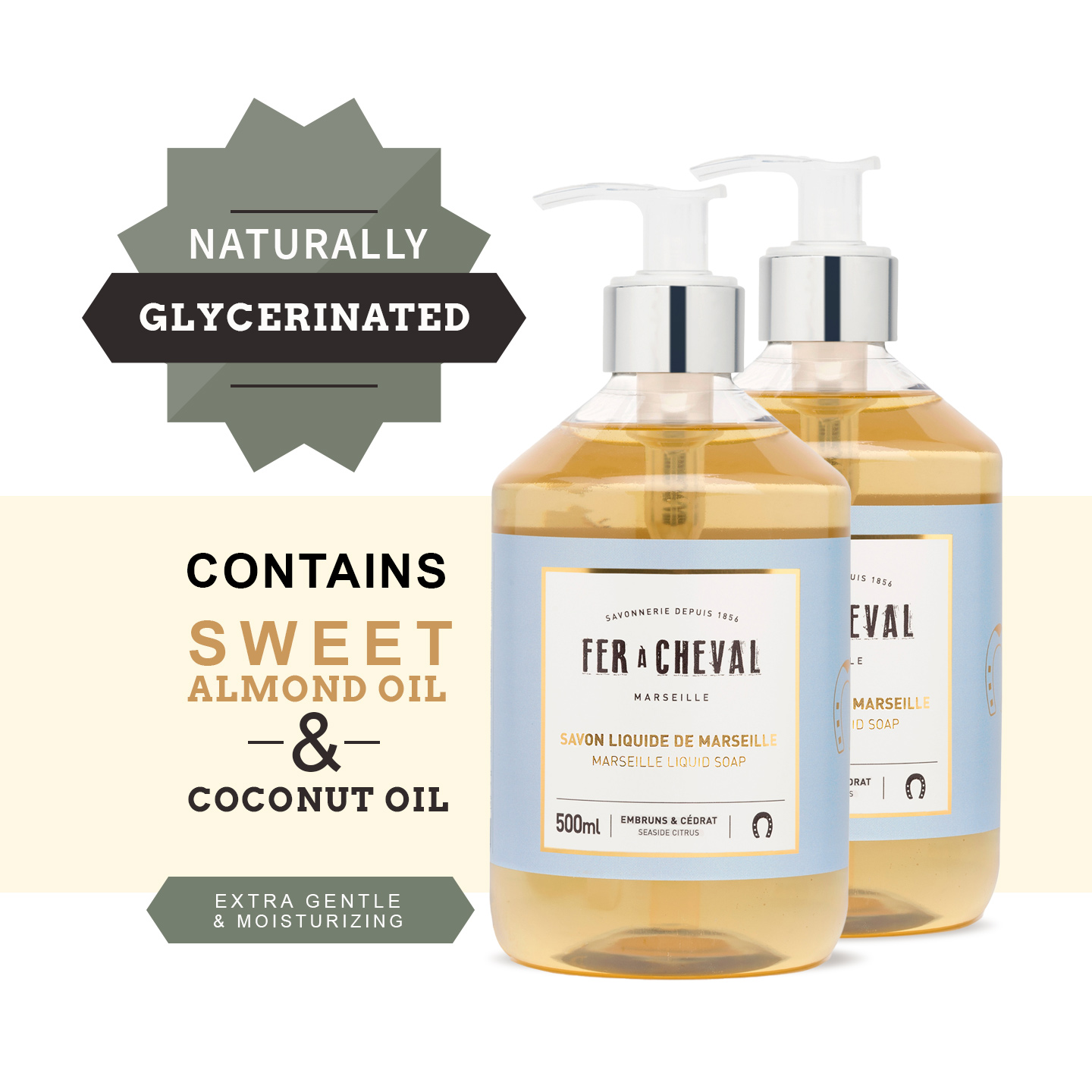 Fer à Cheval Marseille Liquid Soap, Luxury French Liquid Soap, Savon Liquide De Marseille, Seaside Citrus 500ml, Set of 2, 500ml/16.9 f oz