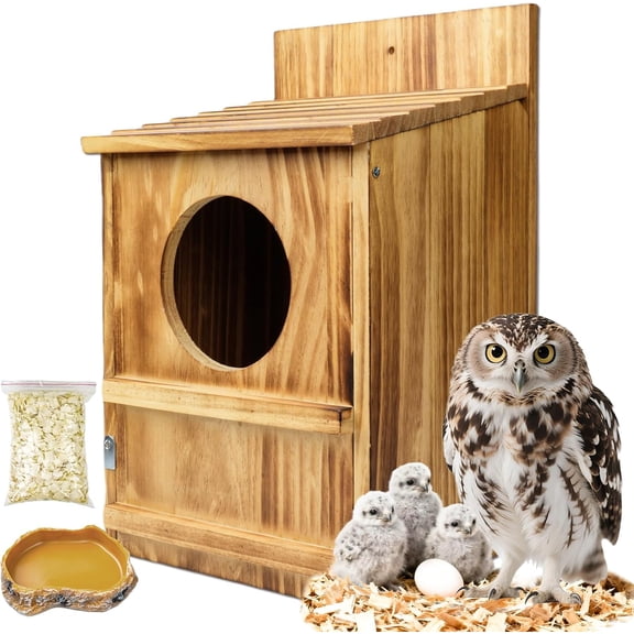 Handmade Wooden Owl House for Outdoors, Carbonized Nesting Box for Screech & Barn Owls with Water & Bait Bowl, Nesting Shavings Included, Bird House, Easy Assembly, Boxes for Outside, 14.5"x9"x7.5"