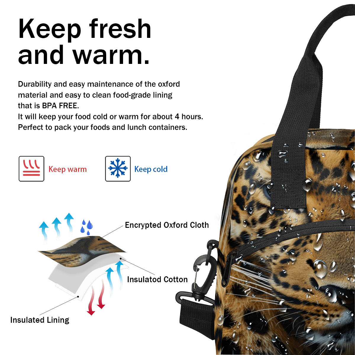Herdesigns Leopard Insulated Lunch Bag for Women Men Adults Large Reusable Lunch Box Animal Print Leakproof Cooler Tote Bags with Adjustable Shoulder Strap