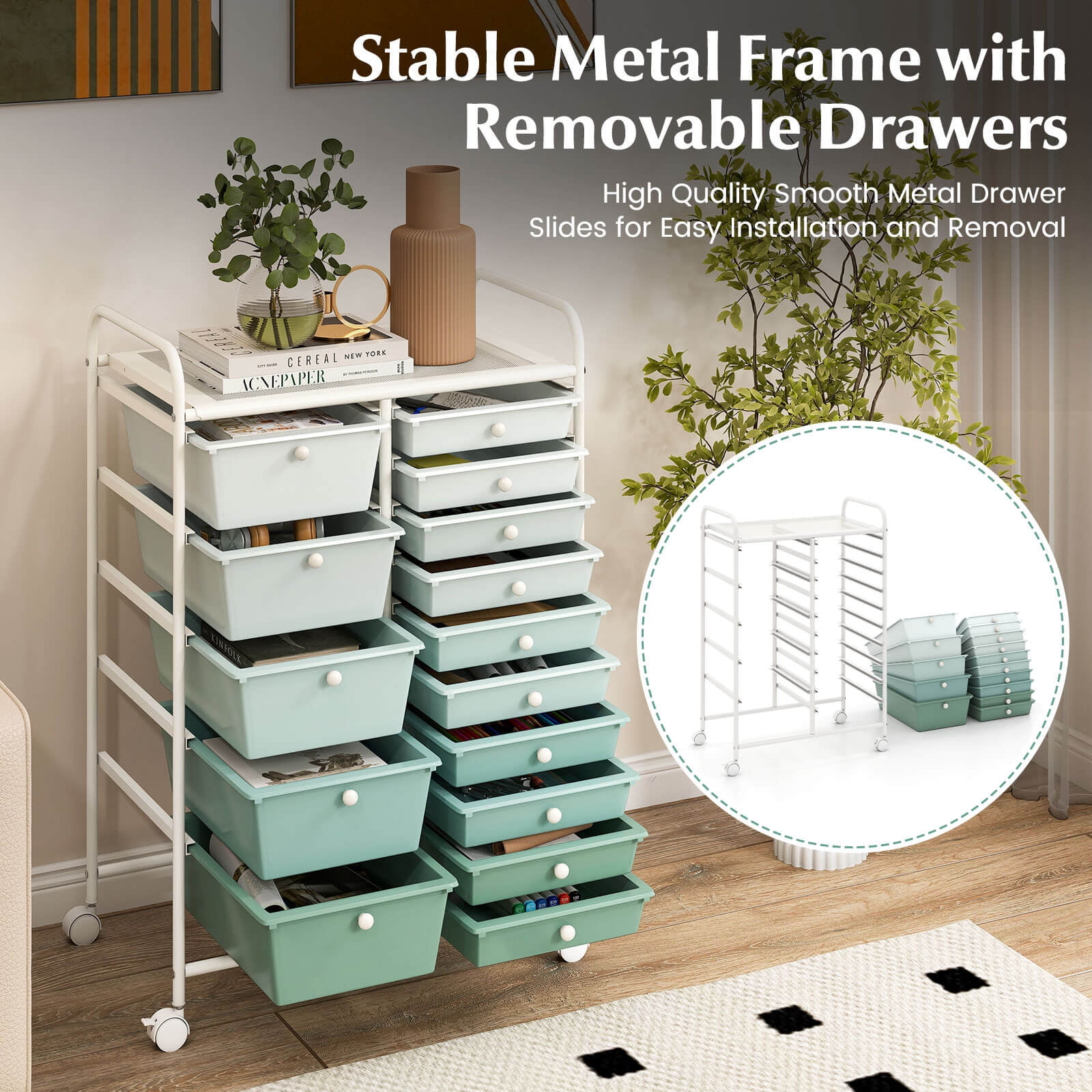 Costway 15-Drawer Rolling Storage Cart Mobile Cart with Colorful Drawers & Metal Frame Gradient Green