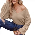 thumbnail image 2 of Blusa de Larga con Cuello en V para Mujer, Estilo Farol, Elegante, Informal, de Punto Acanalado, Corte Holgado, Otoño 2025 Caqui L, 2 of 8