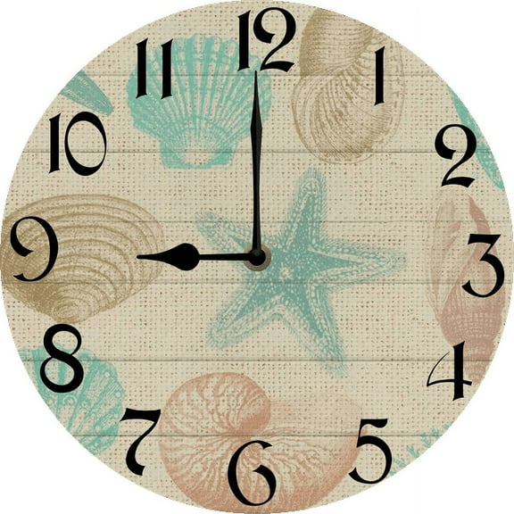 Eveokoki 10 Inch Beach Decorative Wall Clocks Silent Battery Operated,Beachcomber Shells Farmhouse Wooden Clock for Bathroom Kitchen Bedroom Pool Cottage Living Room