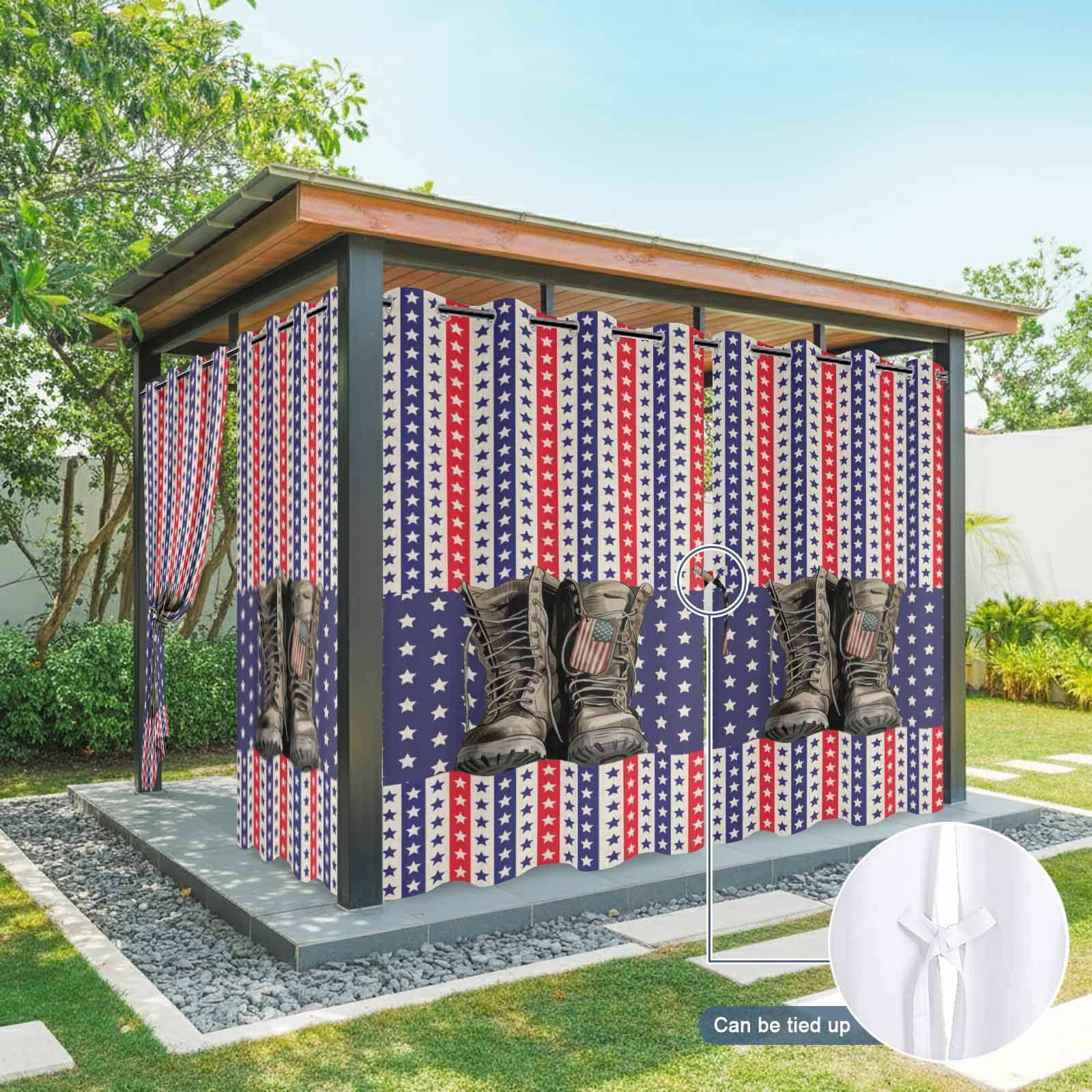 Independence Day Outdoor Curtains for Patio, Retro Boots American Red Blue Stripe Stars Sunshade Privacy Drapes Grommet Waterproof Outside Curtains for Porch/Cabana/Balcony 54"x 108", 1 Panel