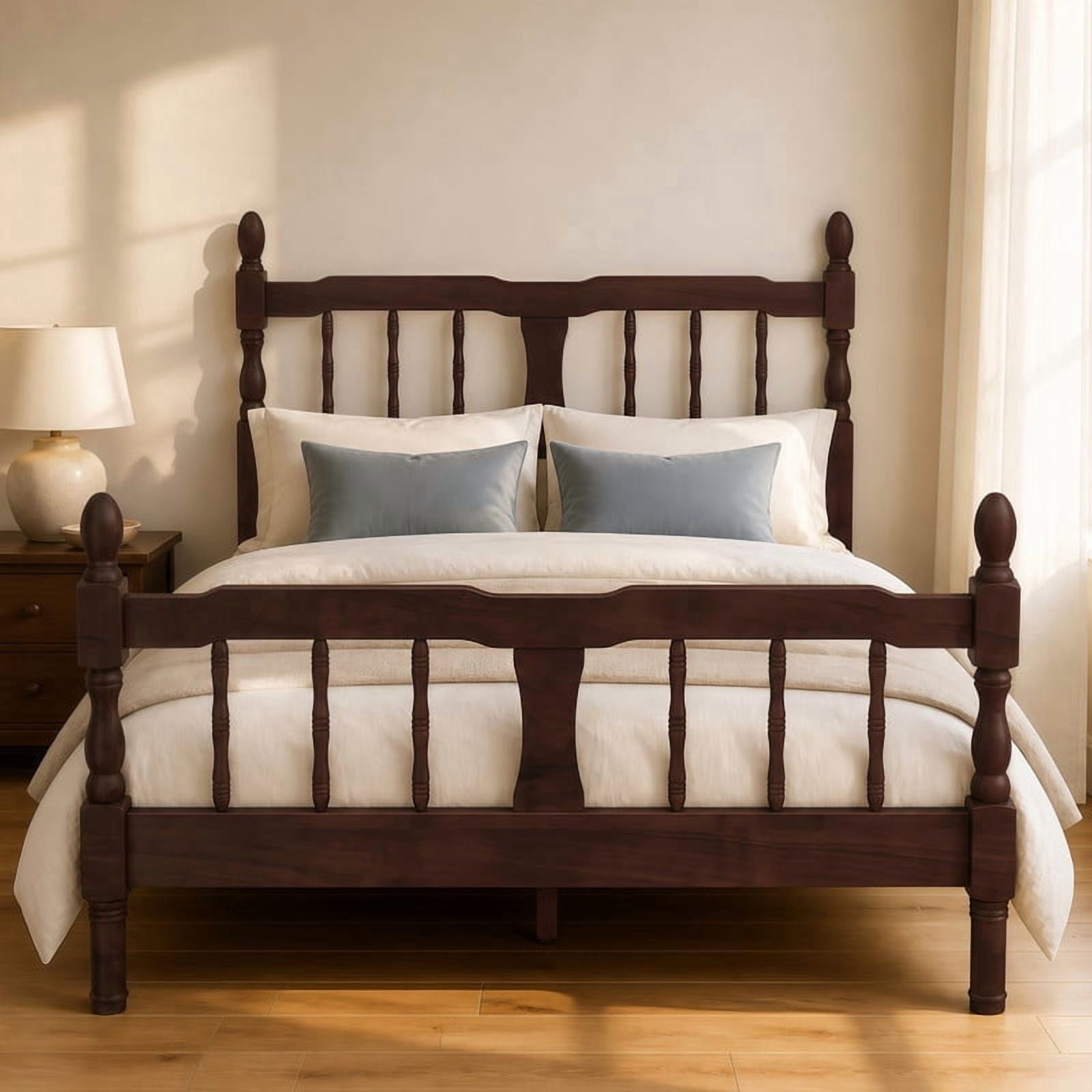 Euroco Wood Full Size Platform Bed Frame, Classic Farmhouse Bed Frame with Spindle Headboard, Dark Walnut