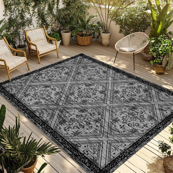 Black Flowers Outdoor Rug for Patio/Deck/Porch, Non-Slip Large Area Rug 3 x 5 Ft, Spring Floral Farmhouse Retro Art Indoor Outdoor Rugs Washable Area Rugs, Reversible Camping Rug Carpet Runner