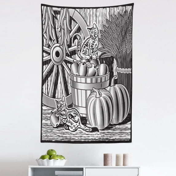 Cat Tapestry, Kitten Playing with Apples and Pumpkin Wheat Autumn Season Foliage Harvest Artwork, Fabric Wall Hanging Decor for Bedroom Living Room Dorm, 5 Sizes, White and Black, by Ambesonne
