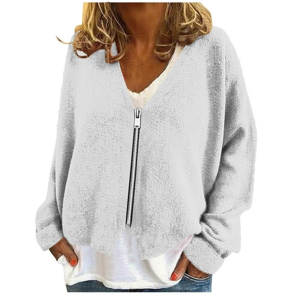 Plebaso Women's Fuzzy Jacket Full Zip up Long Sleeve Cardigan V Neck Casual Warm Outerwear for Women