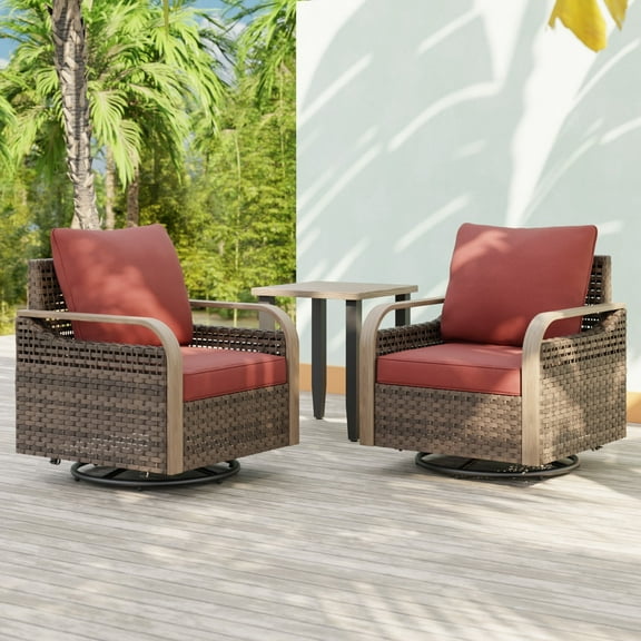EAGLE PEAK Wicker Bistro Table and Chairs Set of 3, Outdoor Bistro Set, 3 Piece Patio Furniture Set w/ 360° Wicker Swivel Rocking Chairs & Side Table, Brown/Red