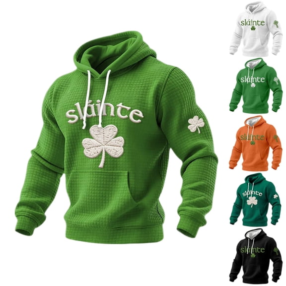 St Patricks Day Hoodies for Men Irish Shamrock Clover Graphic Waffle Knit Pullover Casual Shirt Holiday Outfit Green L