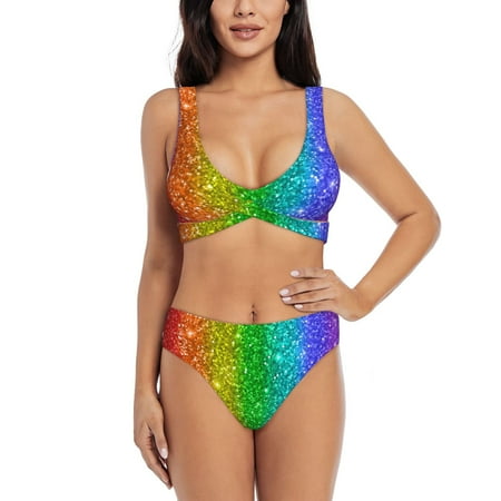 Zeuib Glitter Rainbow High Waisted Tummy Control Bikini Set - Knot Front Push Up Top & Cheeky Thong Bottom  Two-Piece Swimsuit for Women-Medium