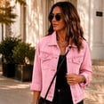 thumbnail image 4 of Womens 3/4 Sleeve Denim Shirt Button Down Lapel Collar Jean Vintage Washed Shirts Slim Top with Chest Pocket Pink XXL, 4 of 5