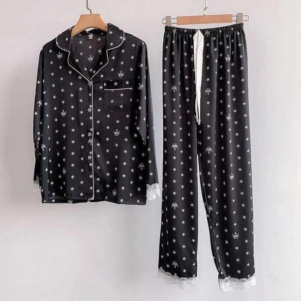 Conjunto de pijama de encaje para mujer, ropa de dormir cómoda de satén con estampado de corona elegante, ropa de ocio para el hogar, pijamas de seda para Navidad