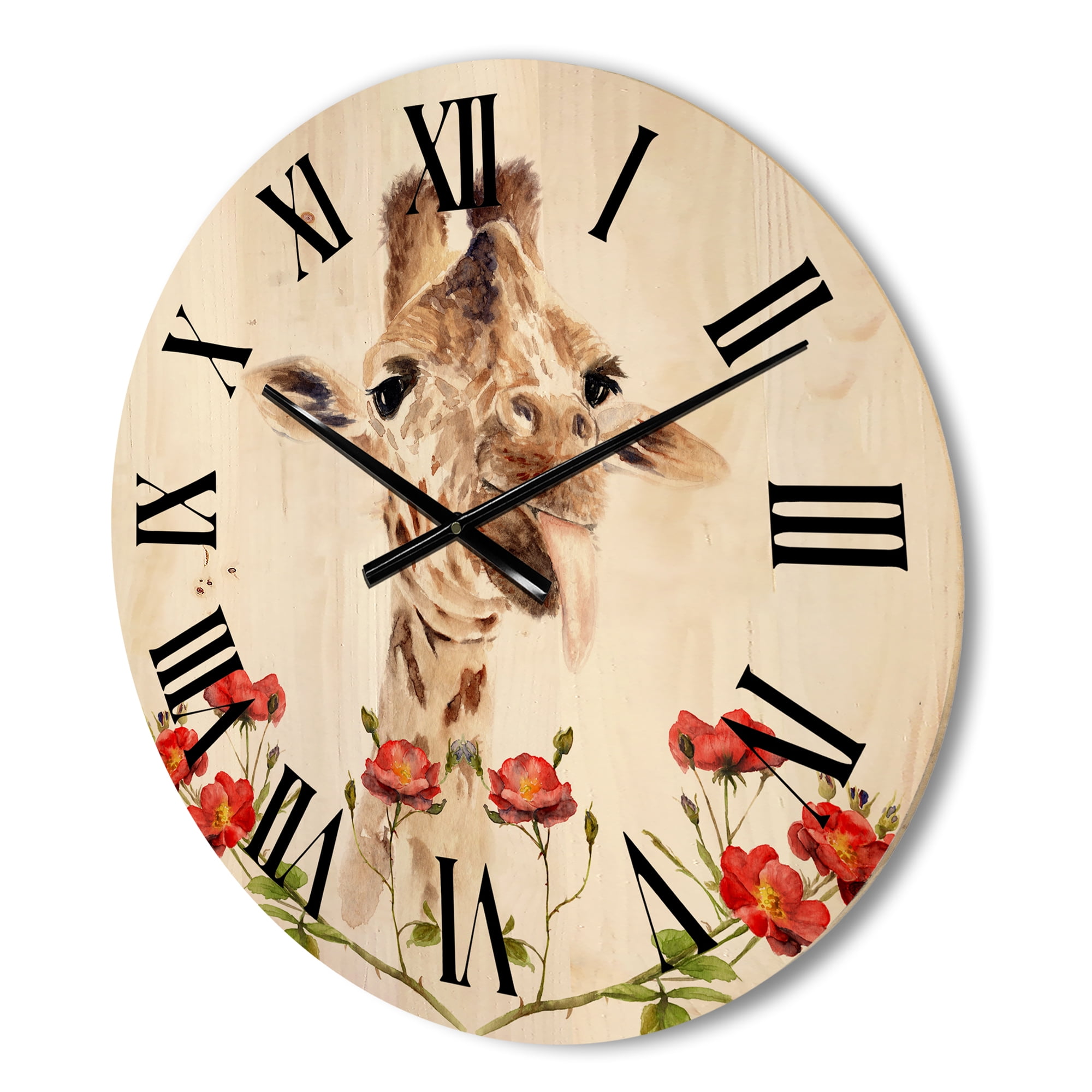 Designart 'Portrait of A Giraffe With Red Flowers I' Farmhouse Wood Wall Clock