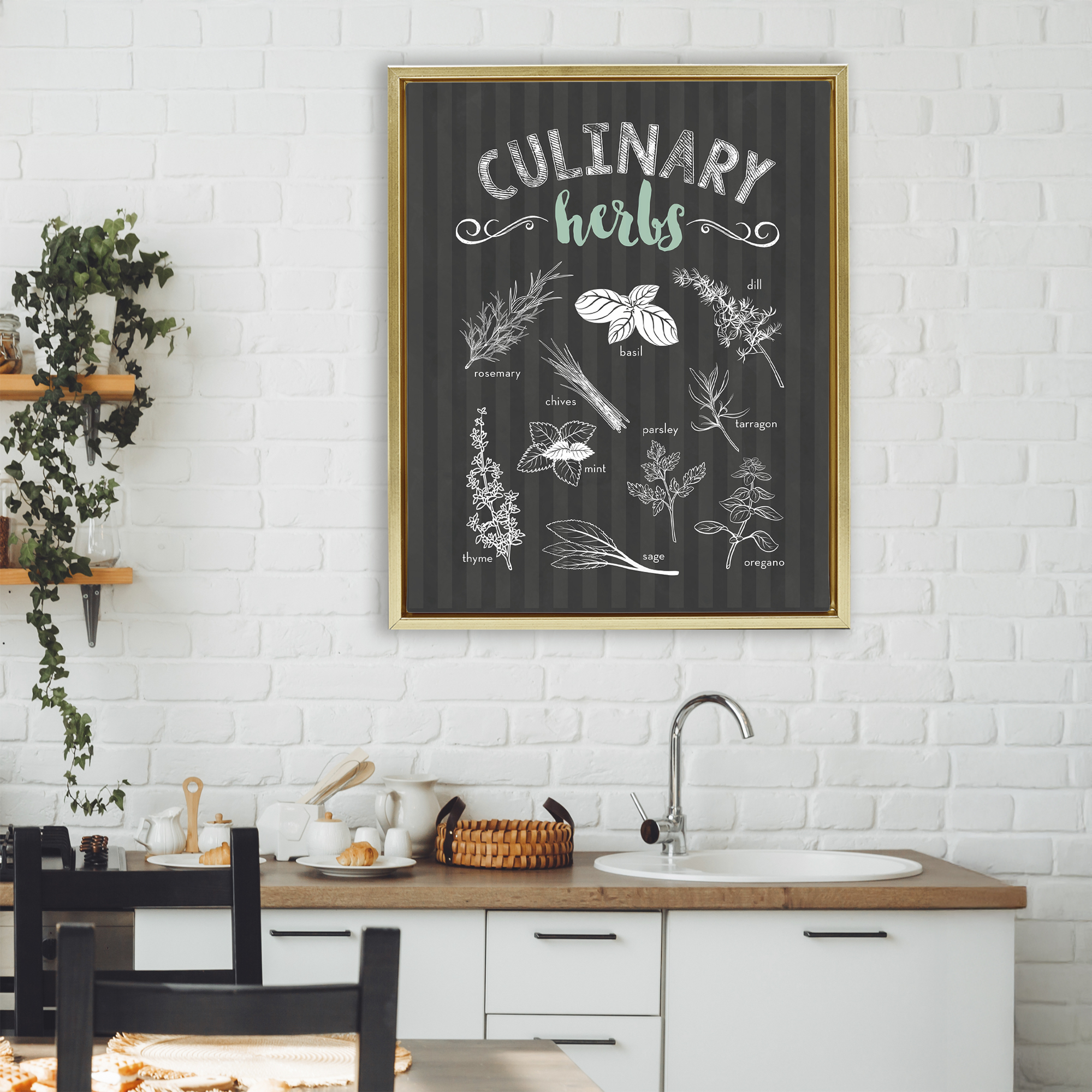 Culinary Herbs on Stripes Gold Framed Floater Canvas Wall Art, design by Lettered and Lined
