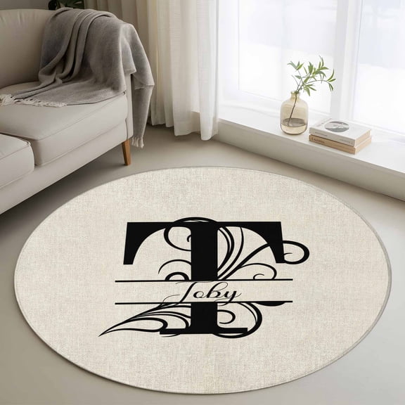 Round Rugs 3Ft, Letter T Round Area Rug Washable Indoor Throw Carpet, Monogram Words Small Non Slip Circle Rug for Bedroom Living Room Home Decor Aesthetic