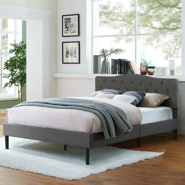 VECELO Upholstered Platform Bed with Adjustable Headboard Bed Frame，Full Size，Dark Gray