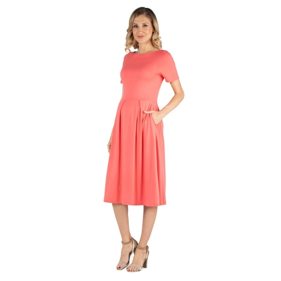 Maternity Short Sleeve Pleated Pocket Midi Dress