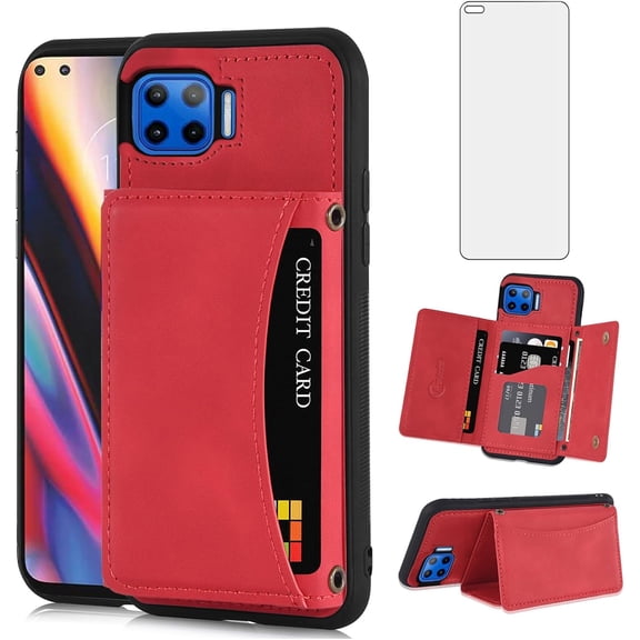REQO Phone Case for Moto One 5G/One5G UW/Moto G G5 Plus Wallet Cover with Tempered Glass Screen Protector and PU Leather Credit Card Holder Stand TPU Cell Motorola One Lite XT2075-1 Women Men Red